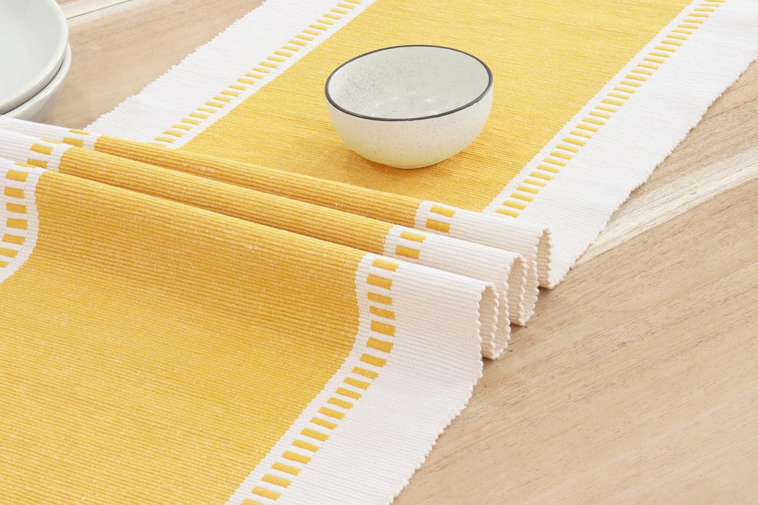 image:imagePurpleEssences Table Runner Wide with Dobby Stripe Ribbed Weave amp Double Knot Fringes 14x90 Inch amp Stripe Ribbed Placemats with Fringes Set of 4 13x19 Inch 100 Cotton Golden Yellow and HWhite