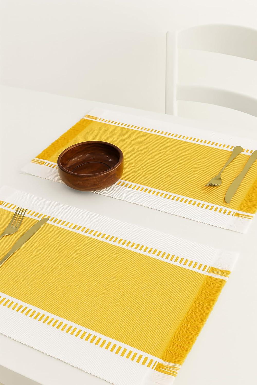 image:imagePurpleEssences Table Runner Wide with Dobby Stripe Ribbed Weave amp Double Knot Fringes 14x90 Inch amp Stripe Ribbed Placemats with Fringes Set of 4 13x19 Inch 100 Cotton Golden Yellow and HWhite