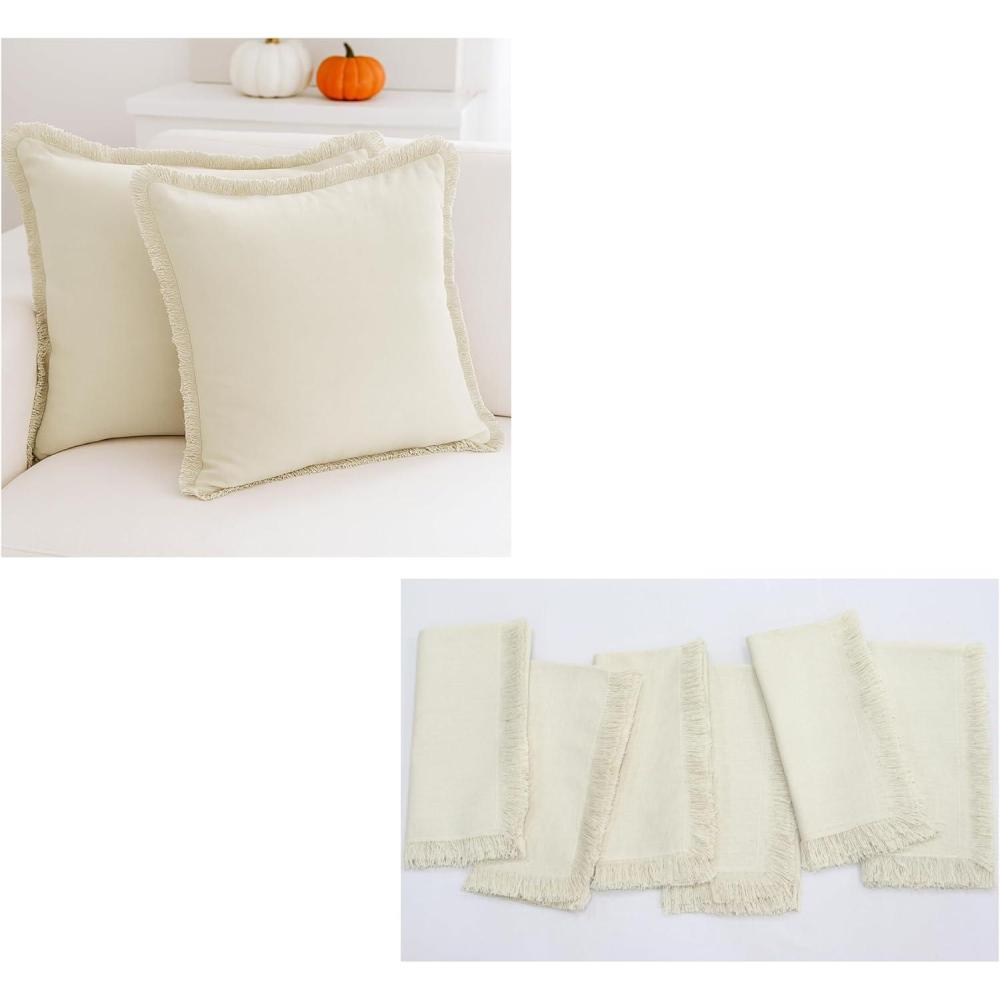 image:imagePurpleEssences 2 Pack Boho Fringe Throw Pillow Covers 20 x 20 Iamp Fringes Cloth Napkins Set of 618 x 18 Inch Cotton Royal Linen