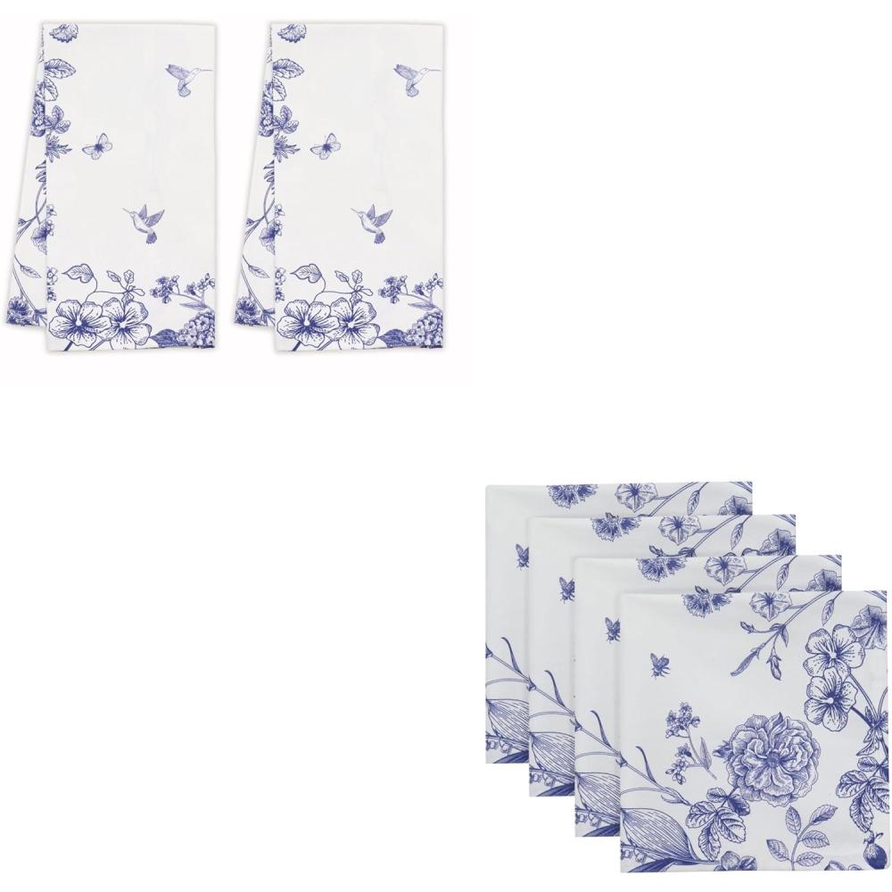 image:imagePurpleEssences Blue Floral Kitchen Towels 16x26 Inch Set of 2 and Cloth Napkins 18x18 Inch Set of 4 100 Cotton French Flower Garden
