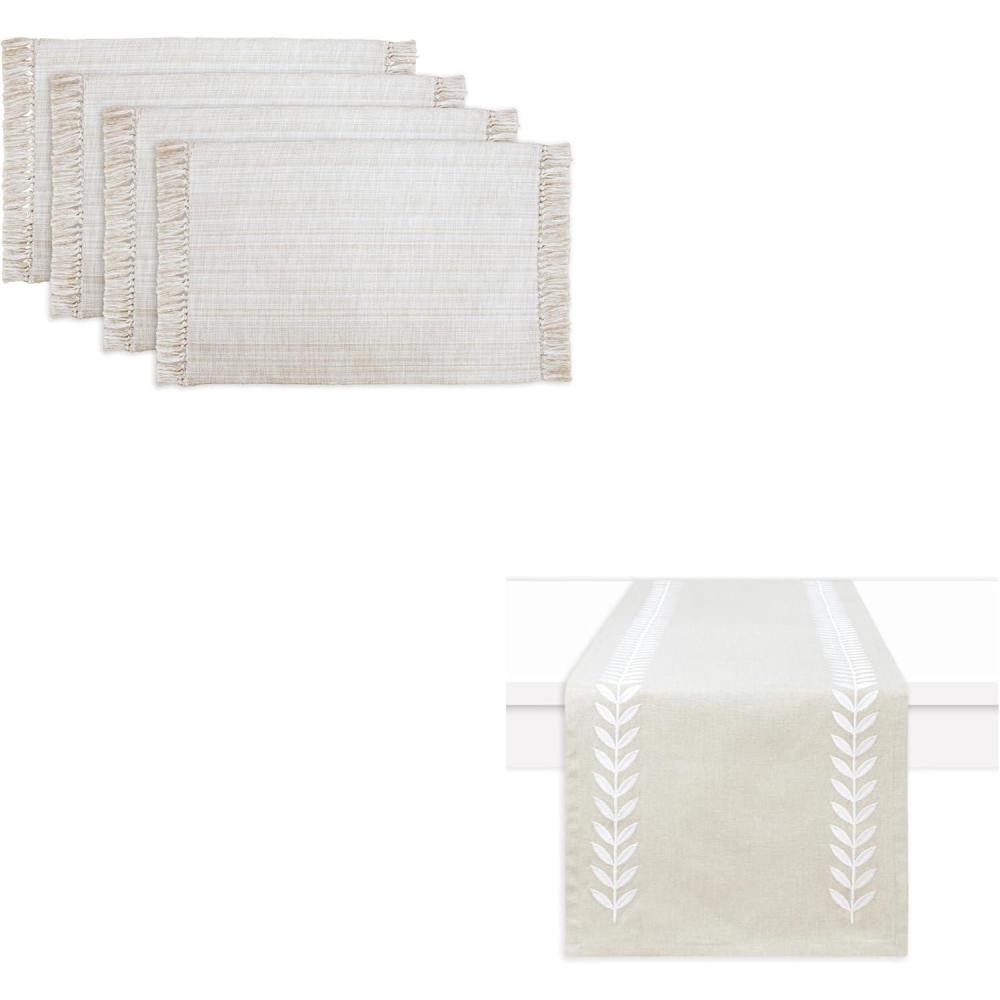 image:imagePurpleEssences Chambray Placemats with Fringes Set of 413 x 19 Inch and Embroidered Willow Leaf Table Runner Pack of 113 x 72 Inch Royal Linen and HWhite