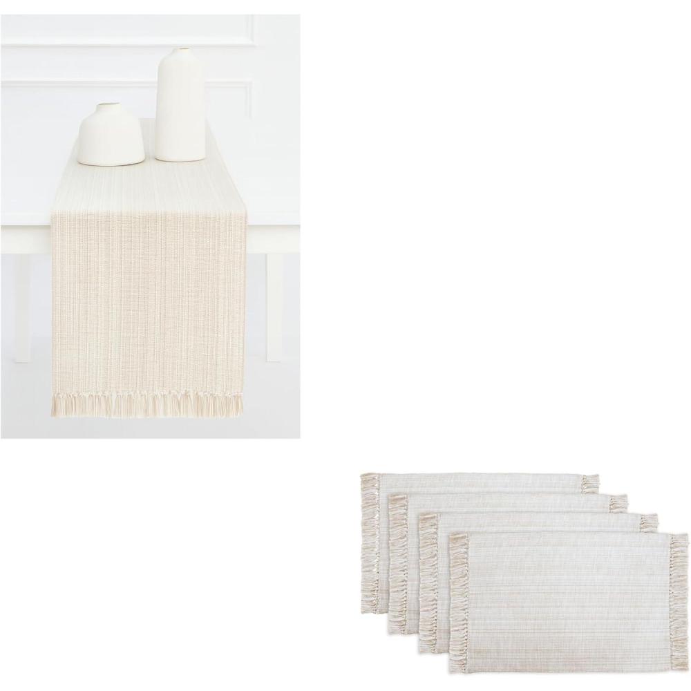 image:imagePurpleEssences Chambray Table Runner with Fringes 13x72 Inch and Chambray Placemats with Fringes Set of 4 13x19 Inch 100 Cotton Royal Linen and HWhite