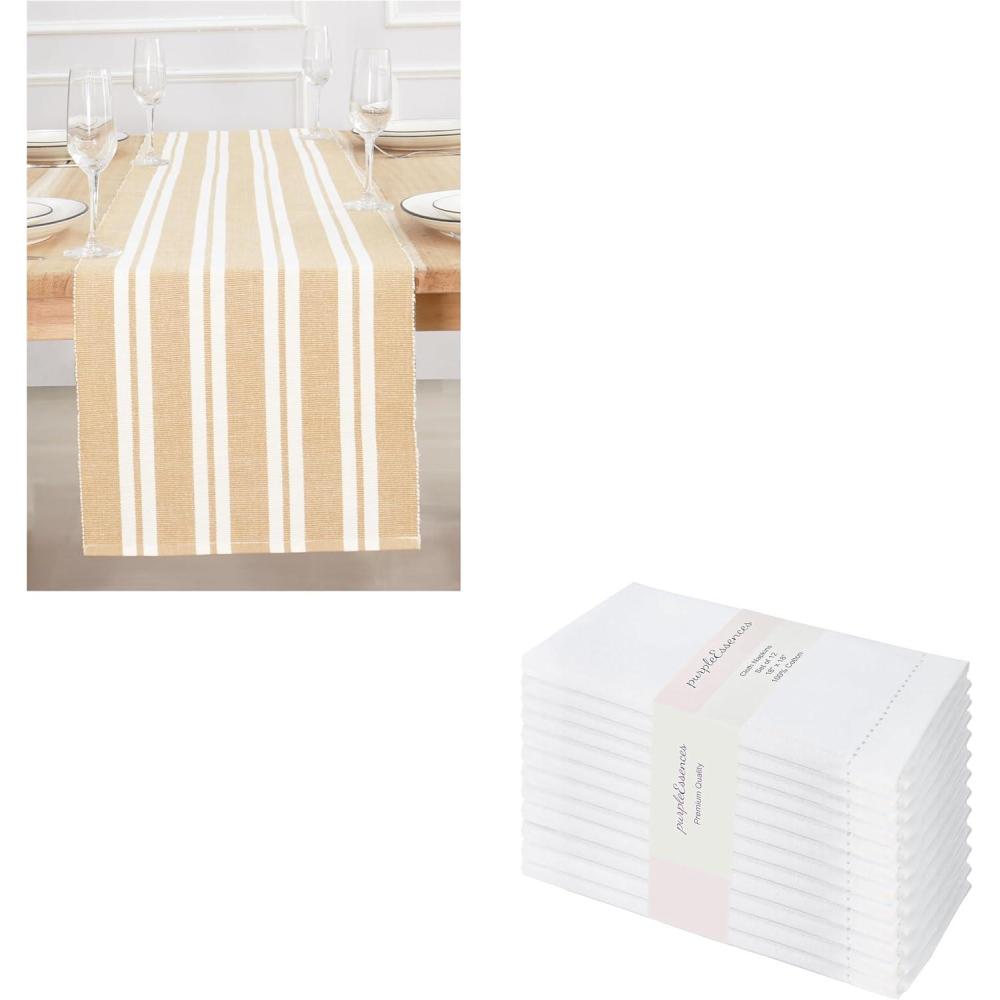 image:imagePurpleEssences Double Stripe Ribbed Woven Table Runner 14x90 Inch Pack of 1 amp Solid Cloth Napkins Set of 12 18 x 18 Inch Biscuit White