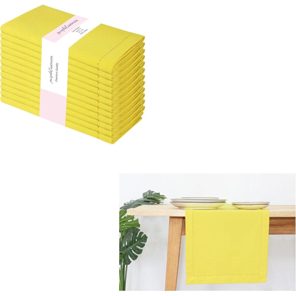 image:imagePurpleEssences Hemstitch Cloth Napkins 18 x 18 Inch Set of 12 and Table Runner 14 x 90 Inch Pack of 1 100 Cotton Yellow