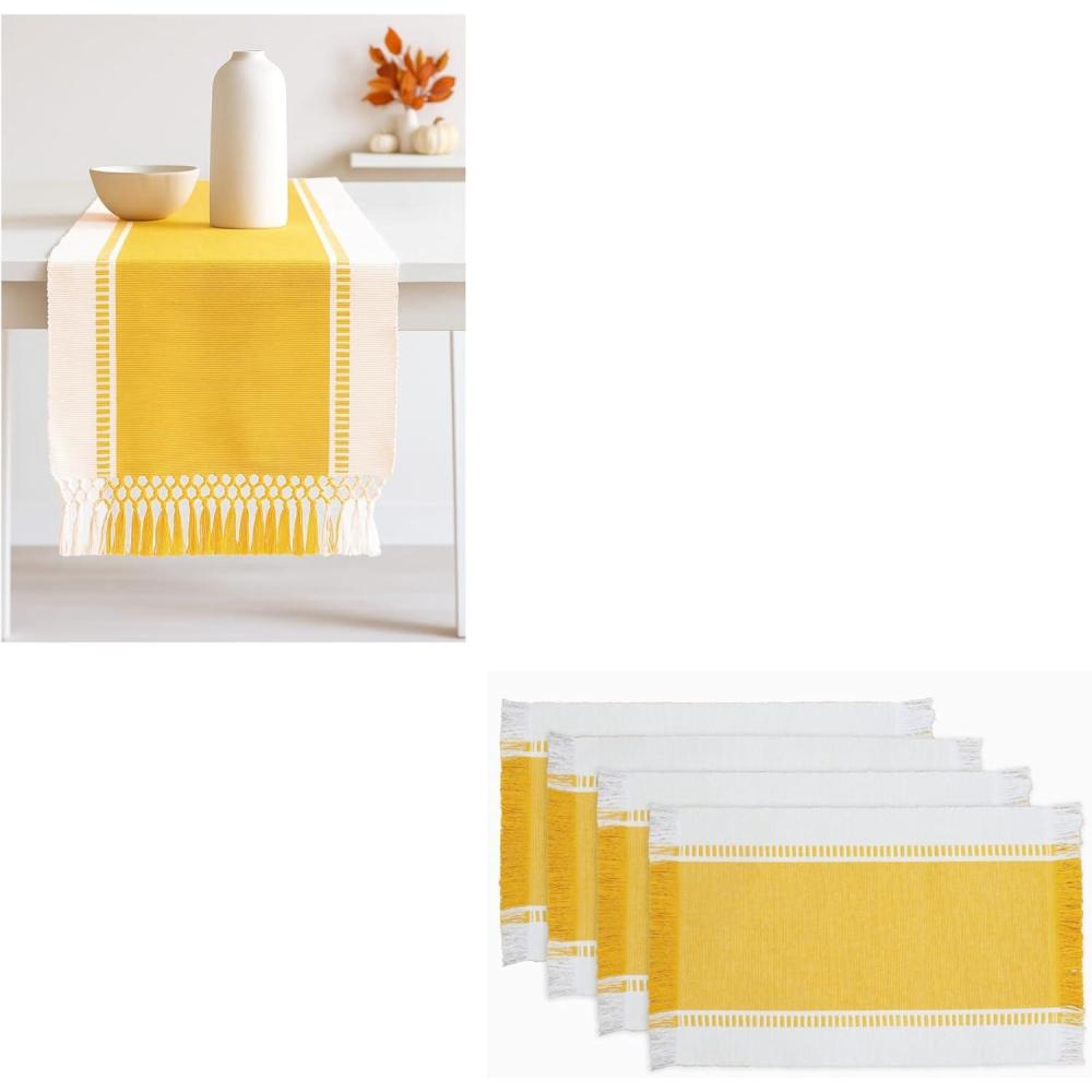 image:imagePurpleEssences Table Runner Wide with Dobby Stripe Ribbed Weave amp Double Knot Fringes 14x90 Inch amp Stripe Ribbed Placemats with Fringes Set of 4 13x19 Inch 100 Cotton Golden Yellow and HWhite