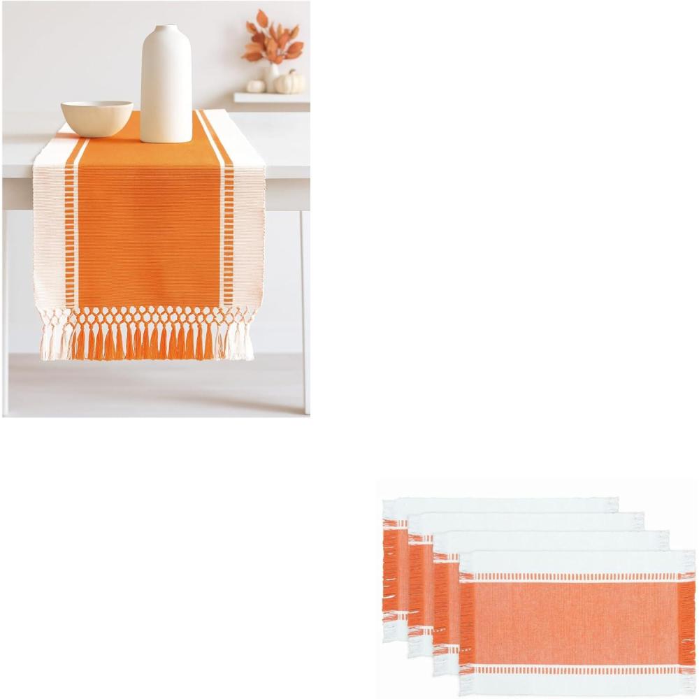 image:imagePurpleEssences Table Runner Wide with Dobby Stripe Ribbed Weave amp Double Knot Fringes 14x90 Inch amp Stripe Ribbed Placemats with Fringes Set of 4 13x19 Inch 100 Cotton Orange and HWhite