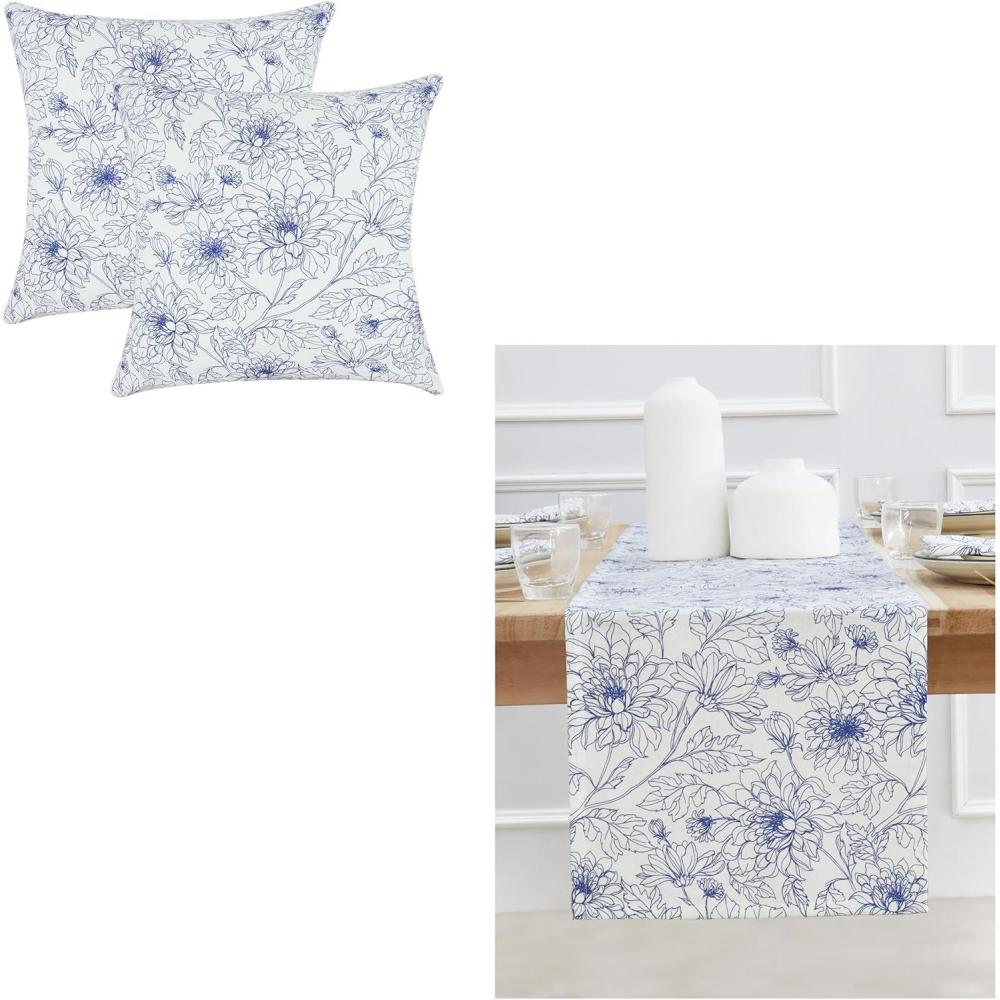 image:imagePurpleEssences Vintage Floral Table Runner 14 x 72 Inch Set of 1 Throw Pillow Cover 18 x 18 Inch Set of 2 100 Cotton BlueCream