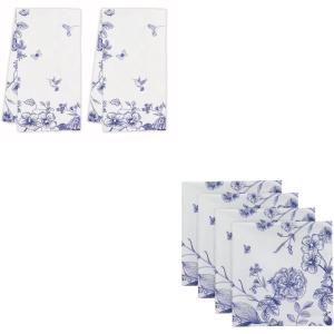 PurpleEssences Blue Floral Kitchen Towels 16×26 Inch Set of 2 and Cloth Napkins 18×18 Inch Set of 4, 100% Cotton – French Flower Garden