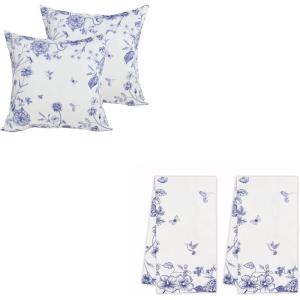 PurpleEssences Blue Floral Throw Pillow Covers 18×18 Inch and Kitchen Towels 16×26 Inch Set of 2, 100% Cotton – French Flower Garden