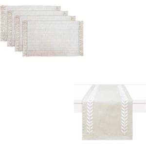 PurpleEssences Chambray Placemats with Fringes – Set of 4-13 x 19 Inch and Embroidered Willow Leaf Table Runner – Pack of 1-13 x 72 Inch – Royal Linen and H.White