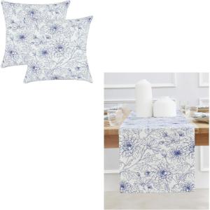PurpleEssences Vintage Floral Table Runner (14 x 72 Inch Set of 1), Throw Pillow Cover (18 x 18 Inch Set of 2) – 100% Cotton – Blue/Cream