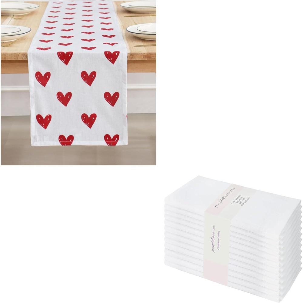 image:imagePurpleEssences Valentines Day Table Runner Love Heart Table Decor 13 X 72 Inch and Set of 12 Cloth Dinner Napkins 18x18 Inches 100 Cotton White Red Heart