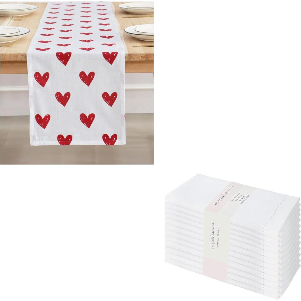 image:imagePurpleEssences Valentines Day Table Runner Love Heart Table Decor 13 X 72 Inch and Set of 12 Hemsitch Cloth Dinner Napkins 18x18 Inches  100 Cotton  White  Red Heart