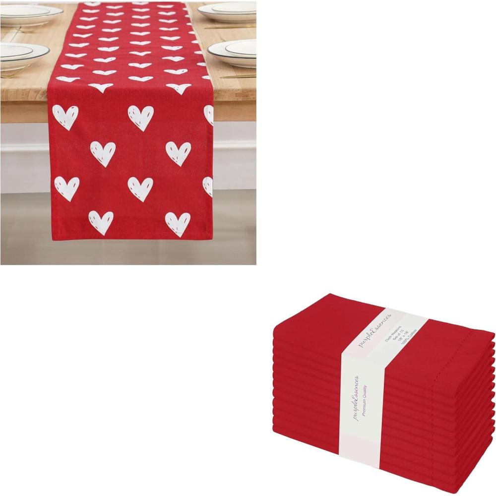 image:imagePurpleEssences Valentines Day Table Runner Love Heart Table Decor 13 X 72 Inch and Set of 12 Hemsitch Cloth Dinner Napkins 18x18 Inches  100 Cotton White HeartRed