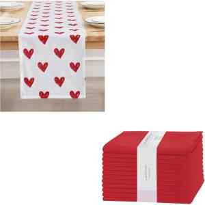 PurpleEssences Valentines Day Table Runner Love Heart Table Decor 13 X 72 Inch and Set of 12 Cloth Dinner Napkins 18×18 Inches – 100% Cotton – Red – Red Heart