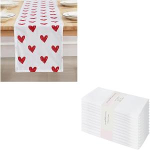 PurpleEssences Valentines Day Table Runner Love Heart Table Decor 13 X 72 Inch and Set of 12 Cloth Dinner Napkins 18×18 Inches – 100% Cotton – White – Red Heart