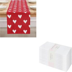 PurpleEssences Valentines Day Table Runner Love Heart Table Decor 13 X 72 Inch and Set of 12 Cloth Dinner Napkins 18×18 Inches – 100% Cotton -White Heart/White