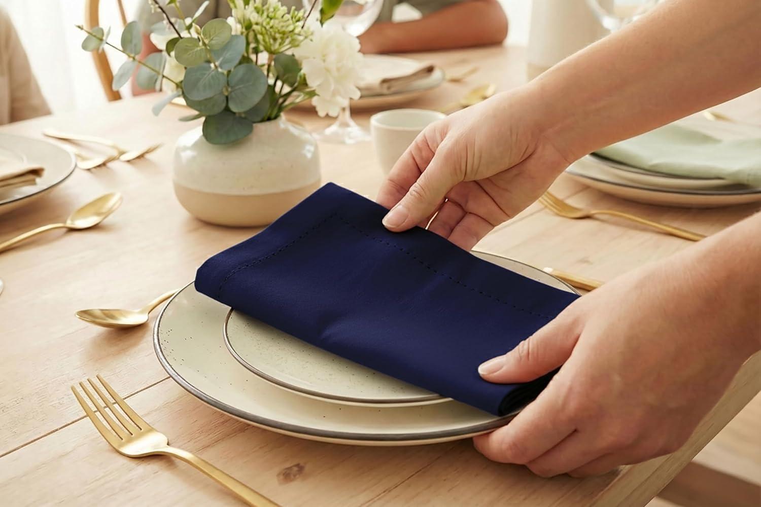 image:imagePurpleEssences Set of 6 Hemstitch Cloth Dinner Napkins 100 Cotton Soft Durable Washable Ideal for Wedding Spring Easter Summer Perfect Everyday Use Table Linen 18x18 Apple GreenNavy Blue