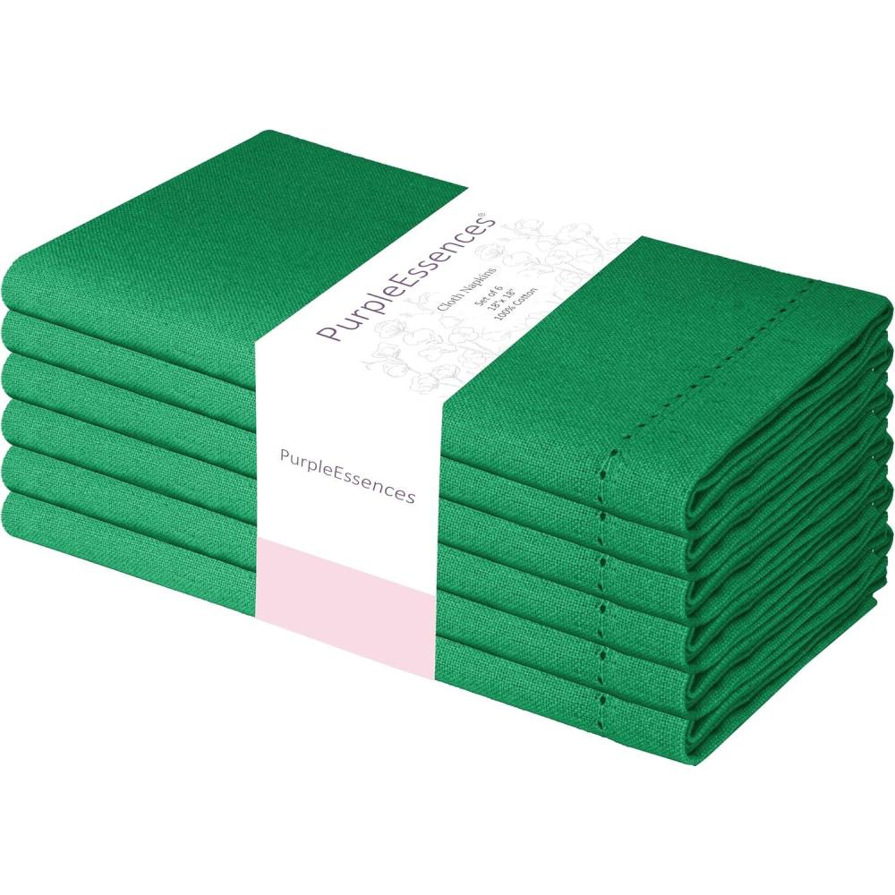 image:imagePurpleEssences Set of 6 Hemstitch Cloth Dinner Napkins 100 Cotton Soft Durable Washable Ideal for Wedding Spring Easter Summer Perfect Everyday Use Table Linen 18x18 Apple GreenSt Patricks Green