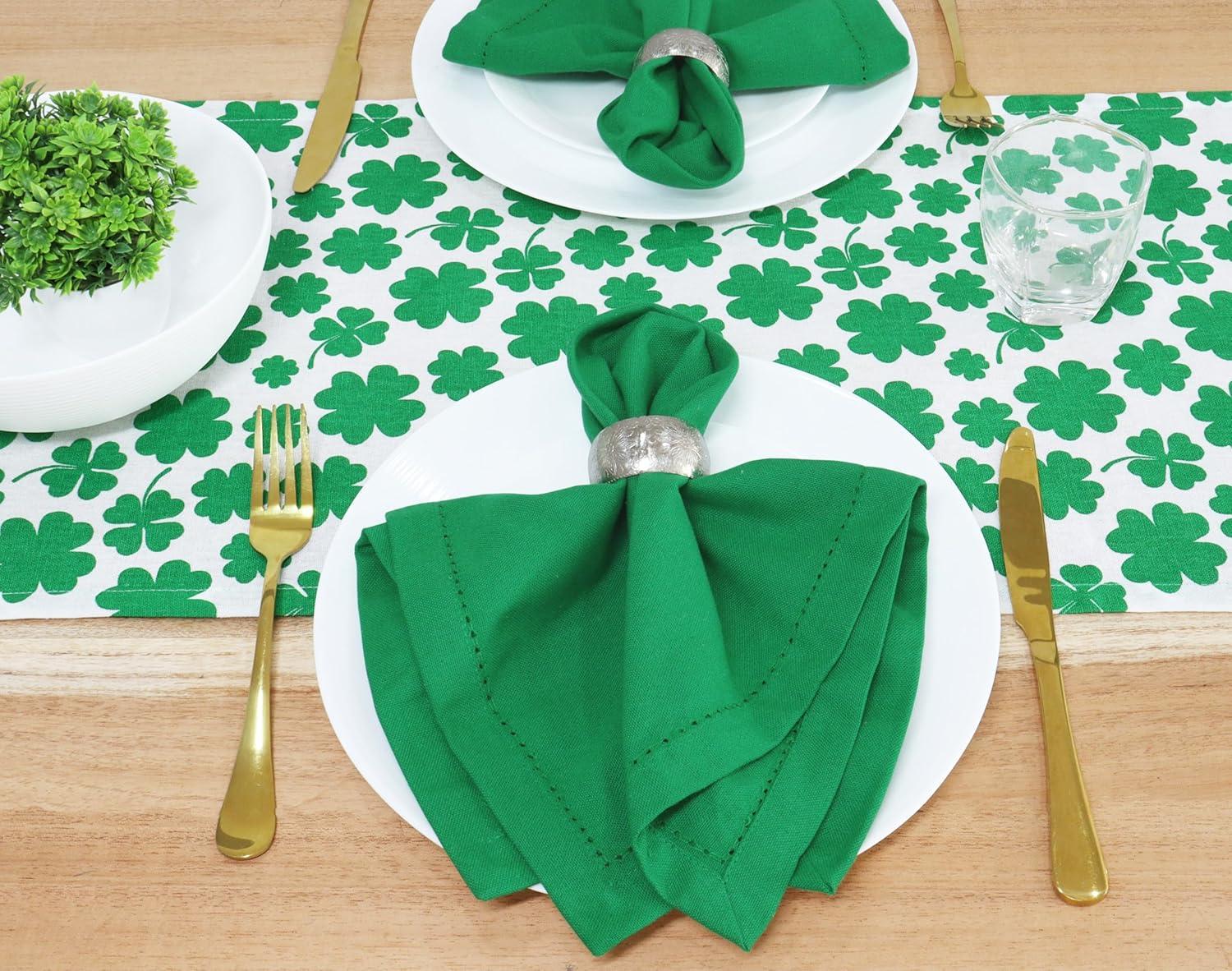 image:imagePurpleEssences St Patricks Day Table Runner Shamrocks Clover 13 X 72 Inch and Set of 12 Hemstitch Cloth Dinner Napkins 18x18 Inches 100 Cotton St Patricks Green