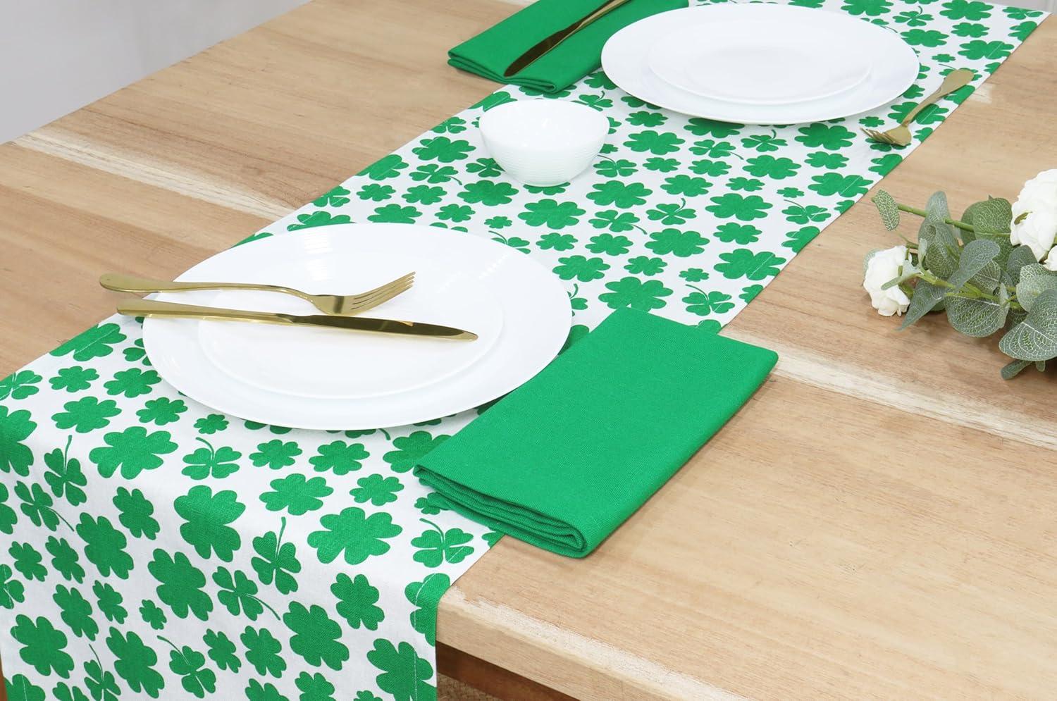 image:imagePurpleEssences St Patricks Day Table Runner Shamrocks Clover 13 X 72 Inch and Set of 12 Hemstitch Cloth Dinner Napkins 18x18 Inches 100 Cotton White