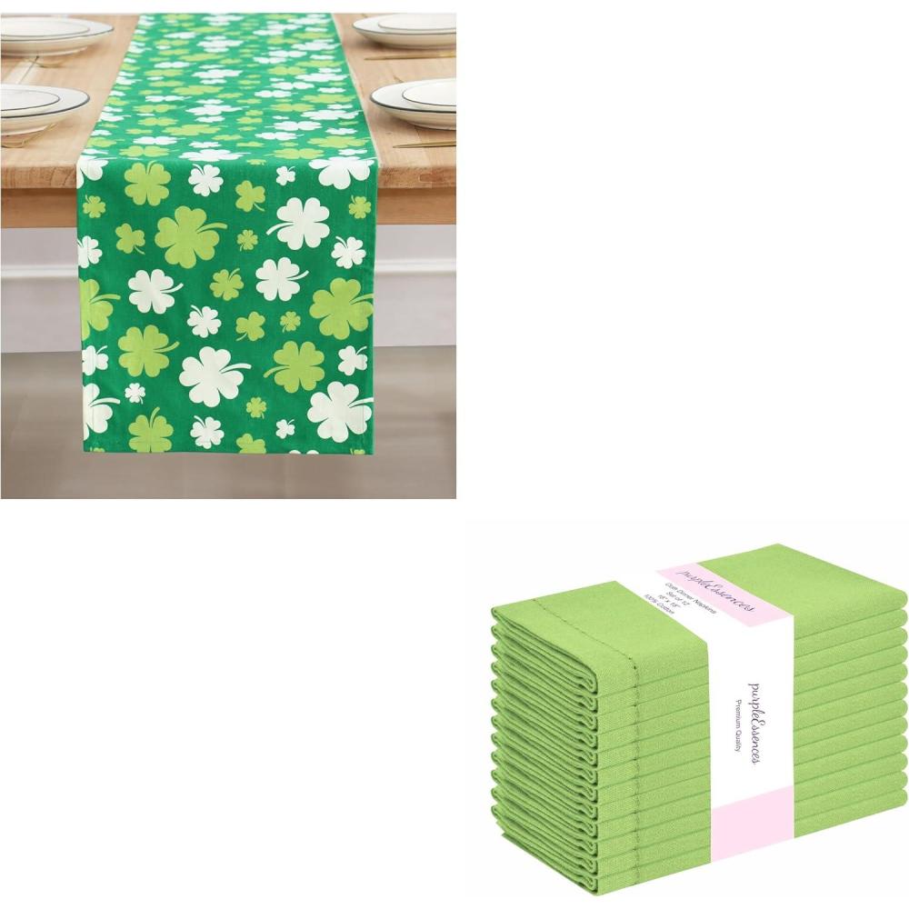 image:imagePurpleEssences St Patricks Day Table Runner Multi Green Shamrocks 13 X 72 Inch and Set of 12 Hemstitch Cloth Dinner Napkins 18x18 Inches 100 Cotton Apple Green