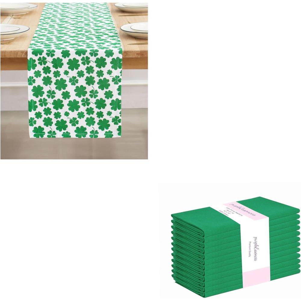 image:imagePurpleEssences St Patricks Day Table Runner Shamrocks Clover 13 X 72 Inch and Set of 12 Cloth Dinner Napkins 18x18 Inches 100 Cotton St Patricks Green