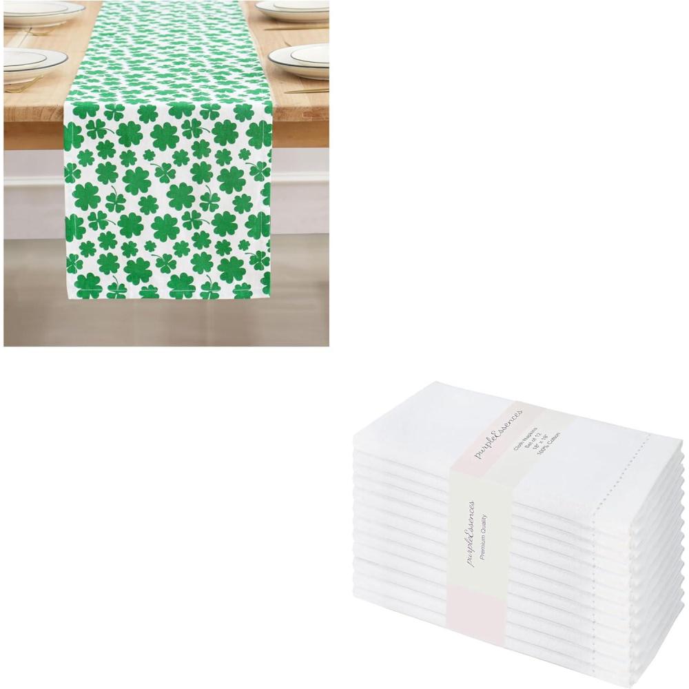 image:imagePurpleEssences St Patricks Day Table Runner Shamrocks Clover 13 X 72 Inch and Set of 12 Hemstitch Cloth Dinner Napkins 18x18 Inches 100 Cotton White
