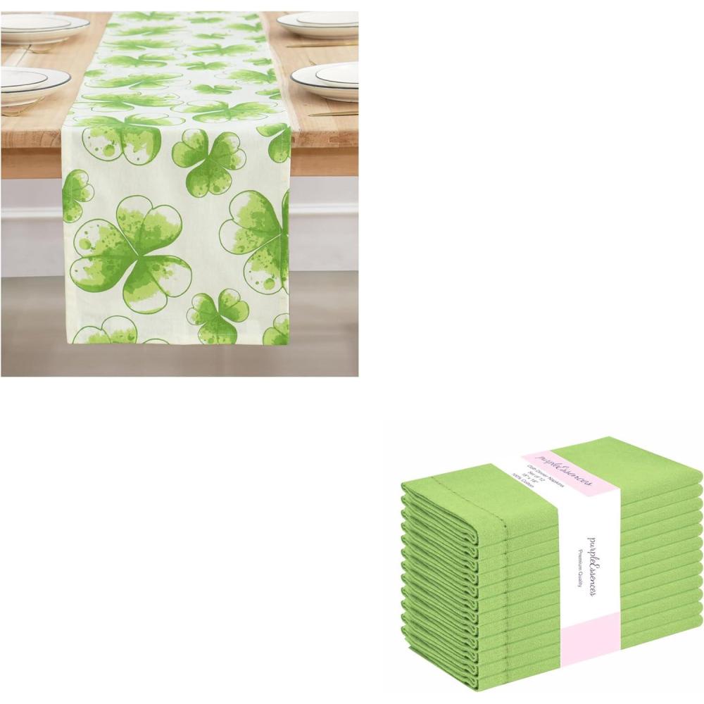 image:imagePurpleEssences St Patricks Day Table Runner Water Color Shamrocks 13 X 72 Inch and Set of 12 Hemstitch Cloth Dinner Napkins 18x18 Inches 100 Cotton Apple Green