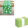 PurpleEssences St Patricks Day Table Runner Multi Green Shamrocks 13 X 72 Inch and Set of 12 Hemstitch Cloth Dinner Napkins 18×18 Inches – 100% Cotton – Apple Green