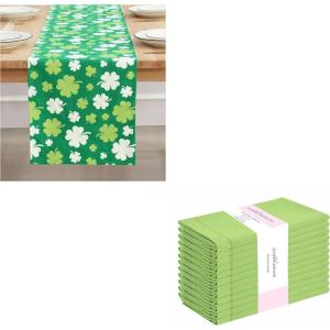 PurpleEssences St Patricks Day Table Runner Multi Green Shamrocks 13 X 72 Inch and Set of 12 Hemstitch Cloth Dinner Napkins 18×18 Inches – 100% Cotton – Apple Green