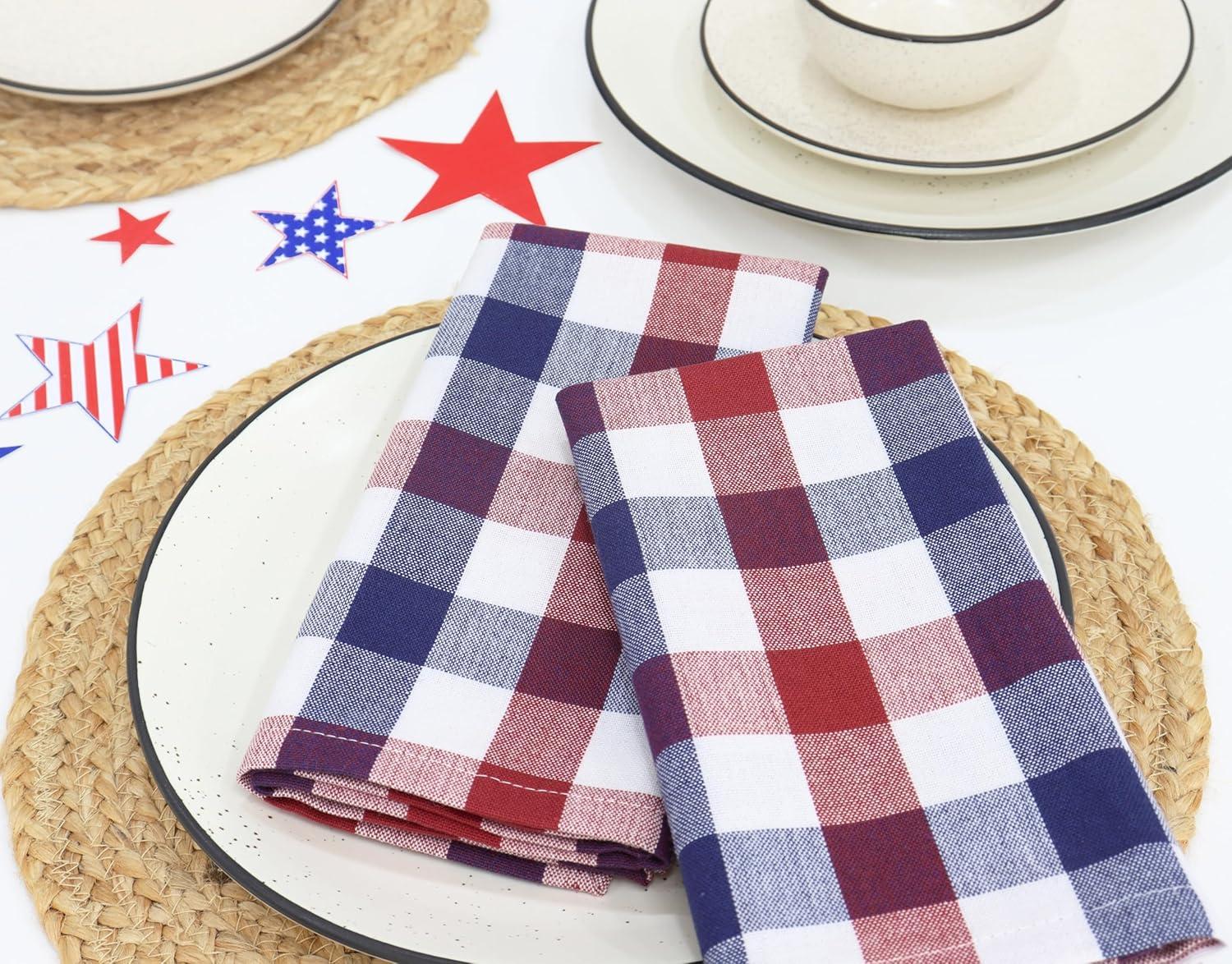 image:imagePurpleEssences Buffalo Plaid Cloth Napkins Mitered Corners Spring Easter Summer Gingham Check Dinner Napkin Set of 12100 Cotton 18x18 Inch Reusable Washable Blue and White4th of July Red White Blue
