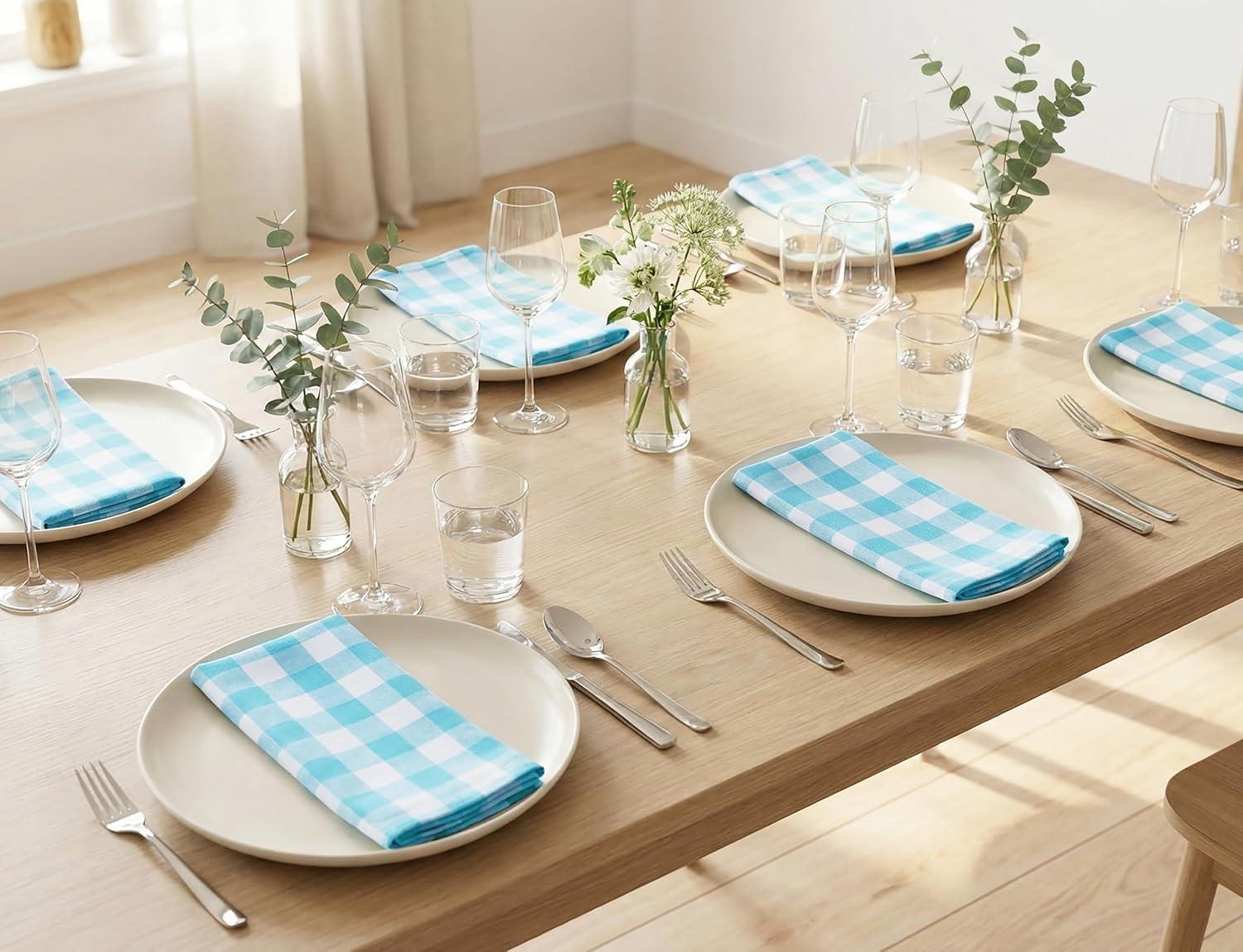 image:imagePurpleEssences Buffalo Plaid Cloth Napkins Mitered Corners Spring Easter Summer Gingham Check Dinner Napkin Set of 12100 Cotton 18x18 Inch Reusable Washable Blue and WhiteAqua Blue White
