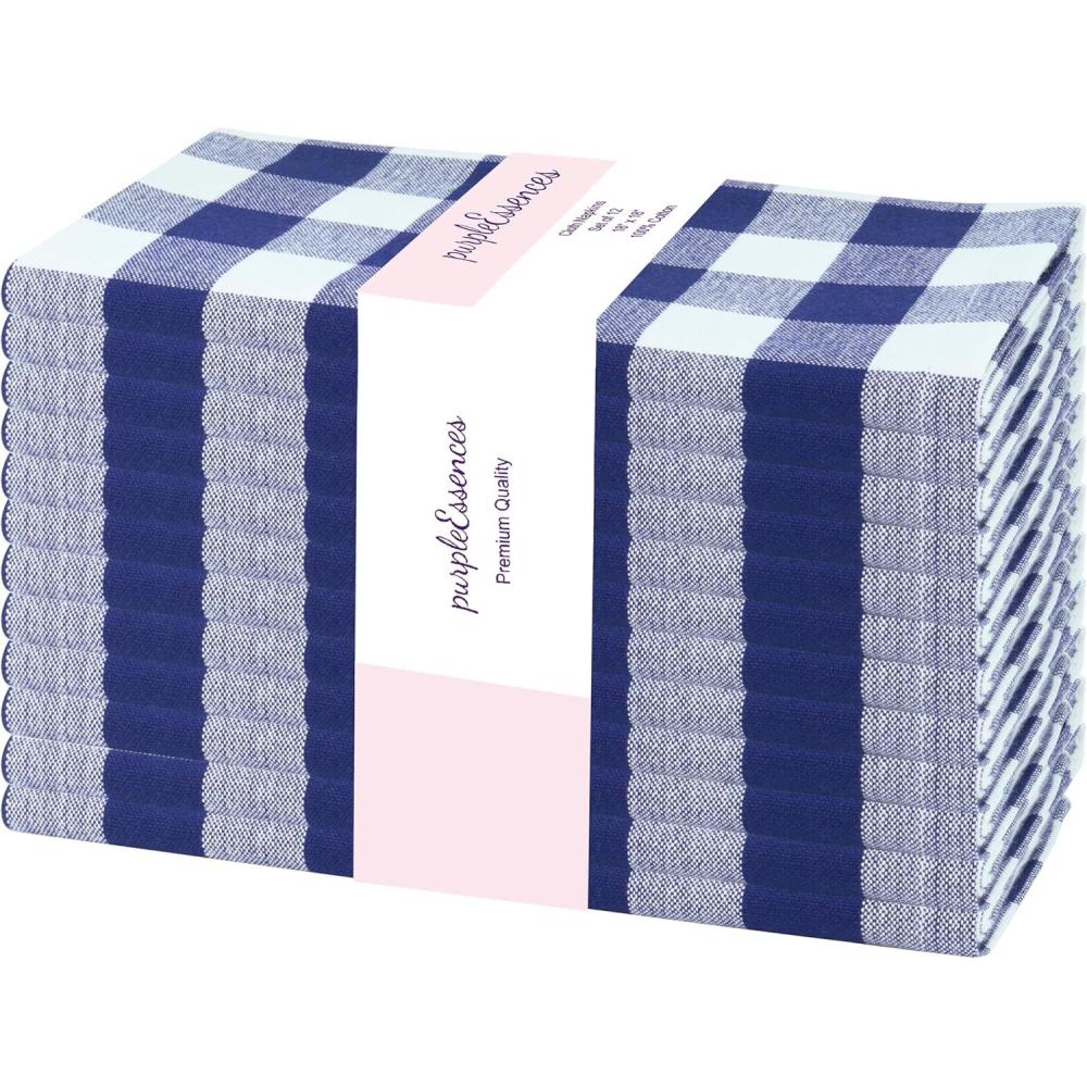 image:imagePurpleEssences Buffalo Plaid Cloth Napkins Mitered Corners Spring Easter Summer Gingham Check Dinner Napkin Set of 12100 Cotton 18x18 Inch Reusable Washable Blue and WhiteBlue White
