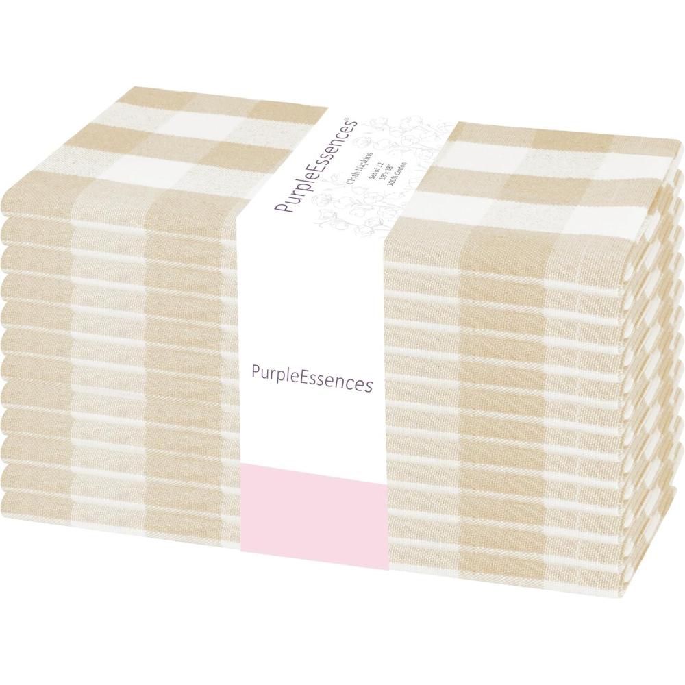 image:imagePurpleEssences Buffalo Plaid Cloth Napkins Mitered Corners Spring Easter Summer Gingham Check Dinner Napkin Set of 12100 Cotton 18x18 Inch Reusable Washable Blue and WhiteBeige White