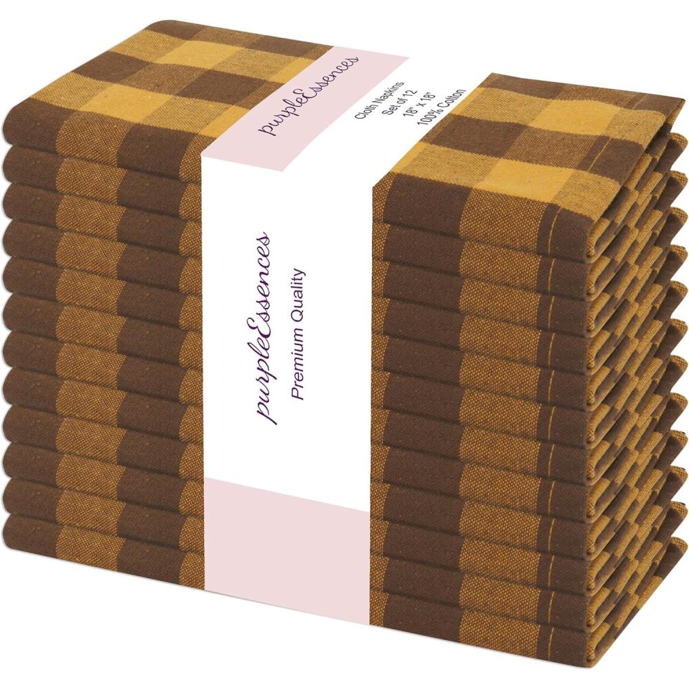 image:imagePurpleEssences Buffalo Plaid Cloth Napkins Mitered Corners Spring Easter Summer Gingham Check Dinner Napkin Set of 12100 Cotton 18x18 Inch Reusable Washable Blue and WhiteGolden Yellow Nut Brown