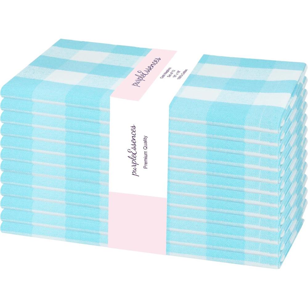 image:imagePurpleEssences Buffalo Plaid Cloth Napkins Mitered Corners Spring Easter Summer Gingham Check Dinner Napkin Set of 12100 Cotton 18x18 Inch Reusable Washable Blue and WhiteAqua Blue White