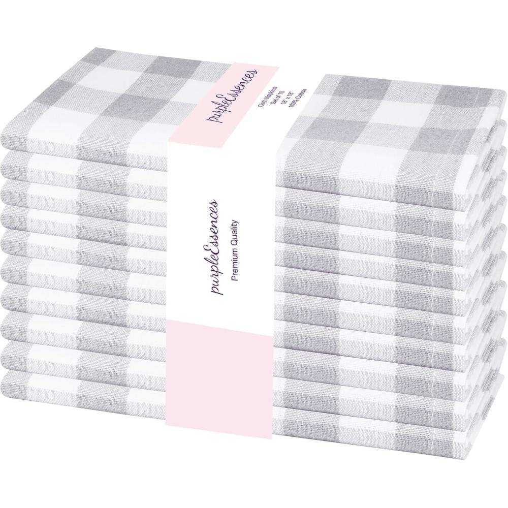 image:imagePurpleEssences Buffalo Plaid Cloth Napkins Mitered Corners Spring Easter Summer Gingham Check Dinner Napkin Set of 12100 Cotton 18x18 Inch Reusable Washable Blue and WhiteGrey White
