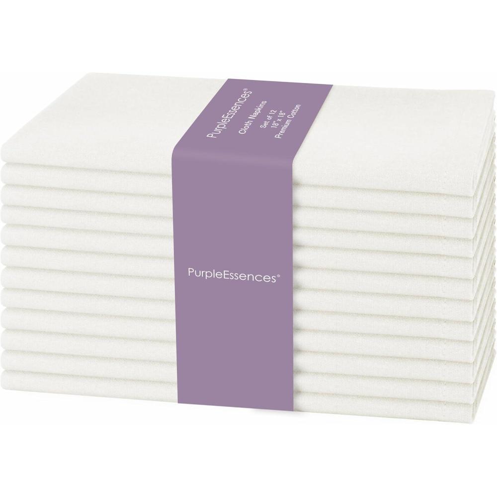 image:imagePurpleEssences Set of 12 Cloth Dinner Napkins 100 Cotton 18x18 Inch Soft Durable Washable Ideal for Farmhouse Party Spring Easter Summer Perfect Everyday Use Table Linen LavenderCream
