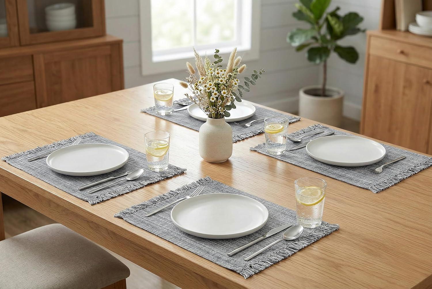 image:imagePurpleEssences Chambray Placemats with Fringes 100 Cotton Set of 4 13x19 Inch Thick Durable Table Mats for Dining Kitchen or Casual Farmhouse Tabletop Dcor Olive GreenDark Gray and Hwhite