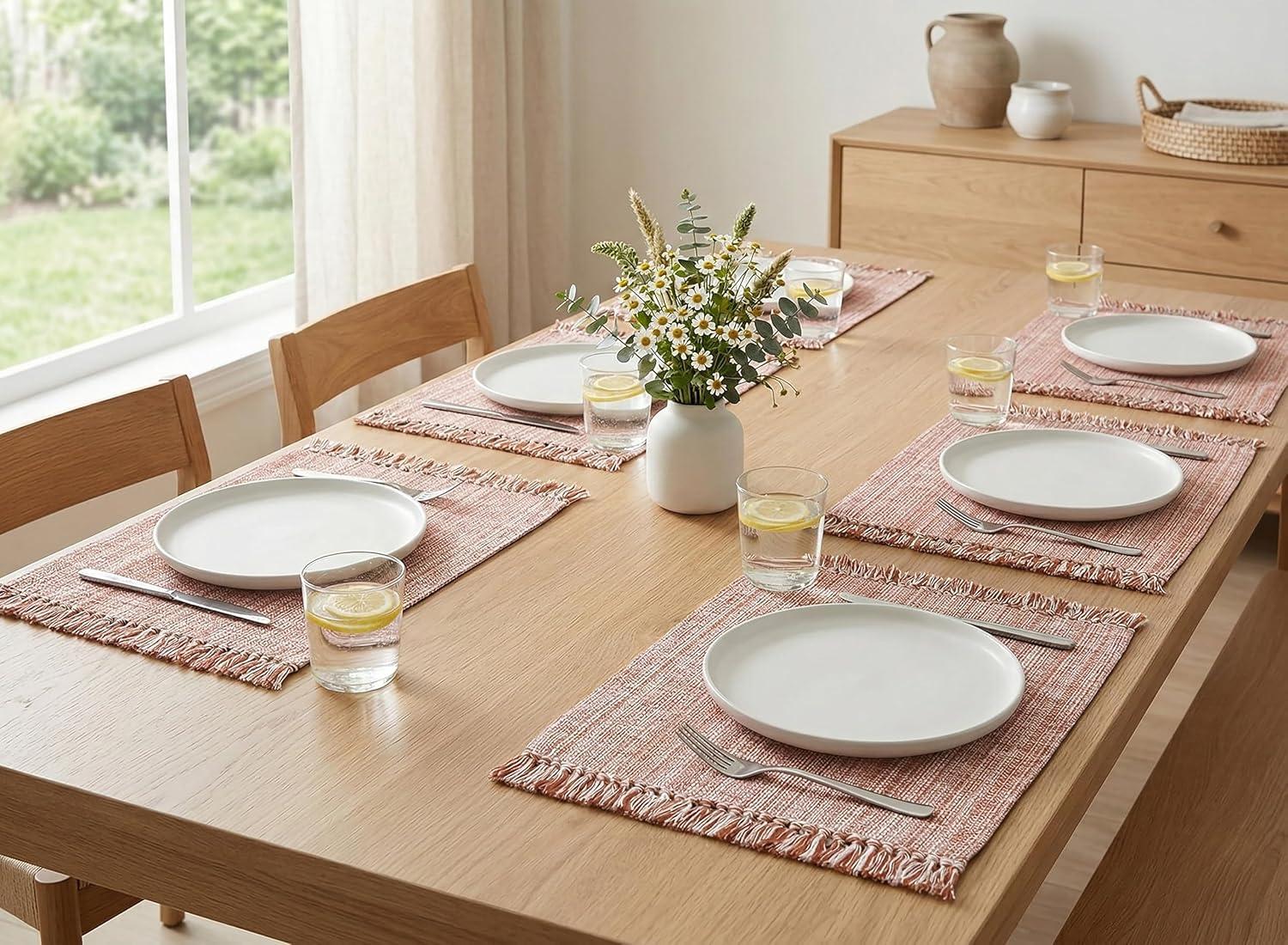 image:imagePurpleEssences Chambray Placemats with Fringes 100 Cotton Set of 4 13x19 Inch Thick Durable Table Mats for Dining Kitchen or Casual Farmhouse Tabletop Dcor Olive GreenRust and Hwhite