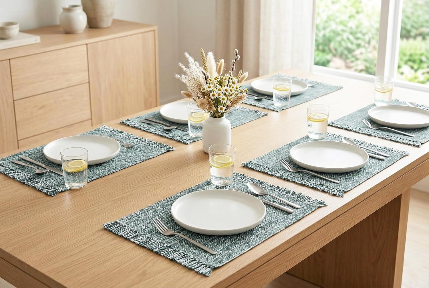 image:imagePurpleEssences Chambray Placemats with Fringes 100 Cotton Set of 4 13x19 Inch Thick Durable Table Mats for Dining Kitchen or Casual Farmhouse Tabletop Dcor Olive GreenForest Green and Hwhite