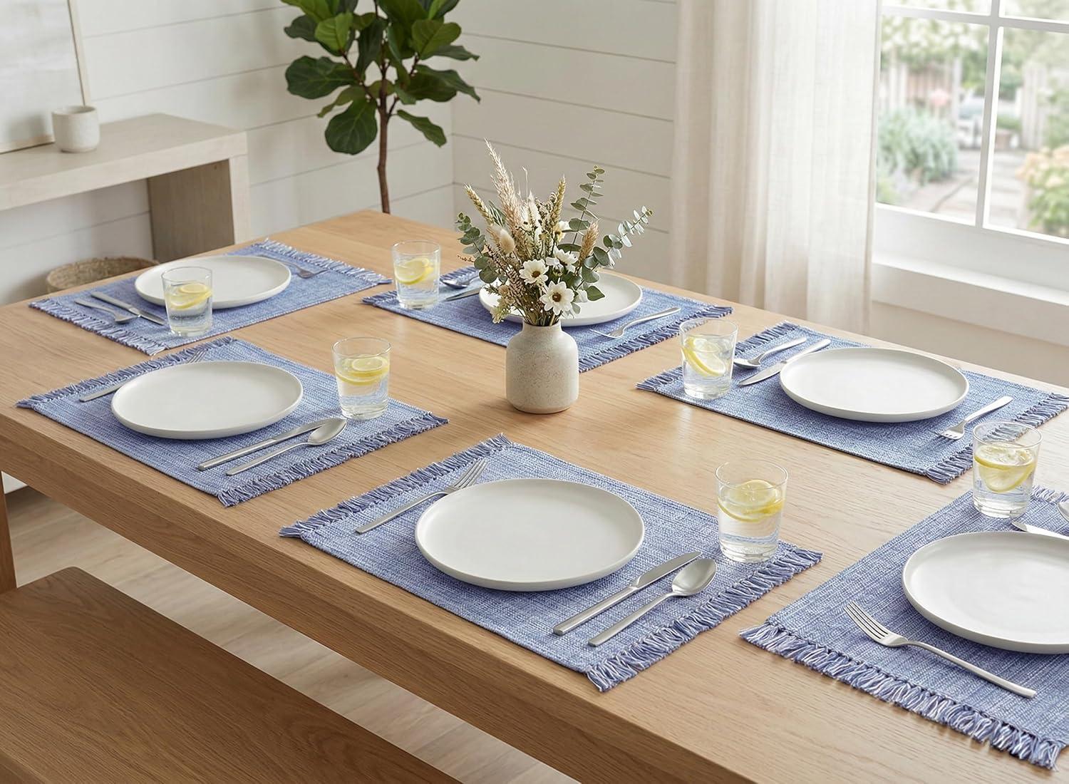 image:imagePurpleEssences Chambray Placemats with Fringes 100 Cotton Set of 4 13x19 Inch Thick Durable Table Mats for Dining Kitchen or Casual Farmhouse Tabletop Dcor Olive GreenSmoky Blue and Hwhite