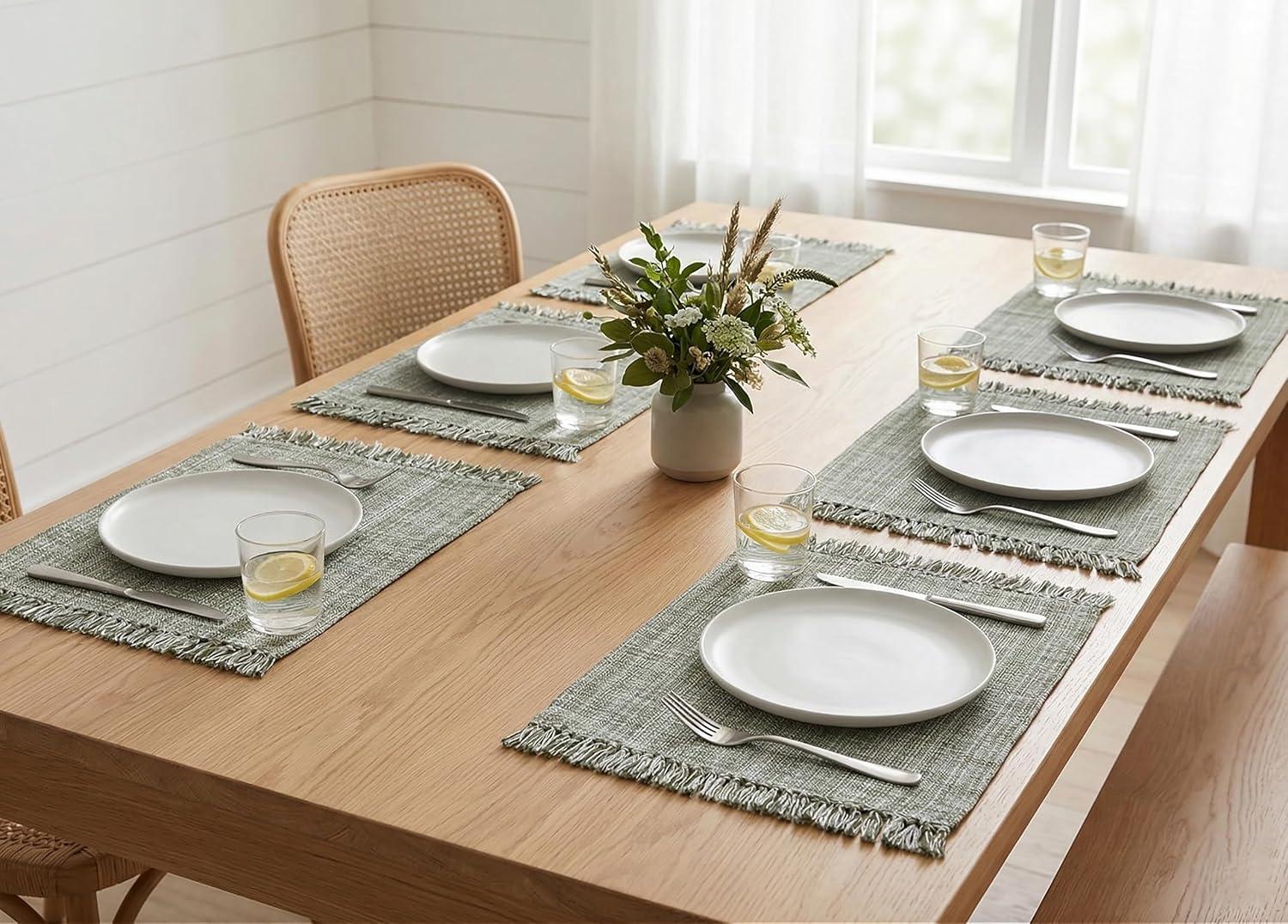 image:imagePurpleEssences Chambray Placemats with Fringes 100 Cotton Set of 4 13x19 Inch Thick Durable Table Mats for Dining Kitchen or Casual Farmhouse Tabletop Dcor Olive GreenOlive Green