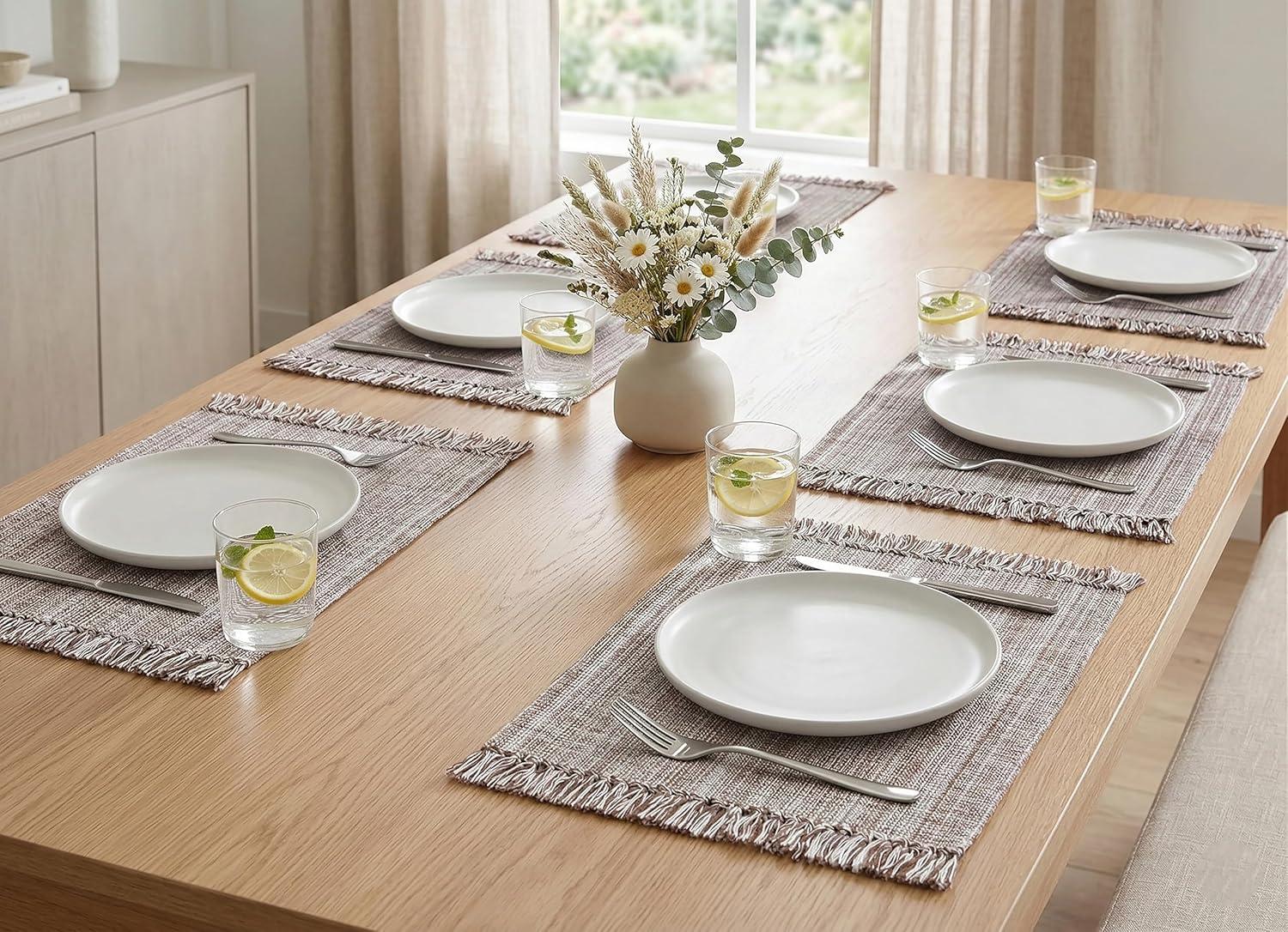 image:imagePurpleEssences Chambray Placemats with Fringes 100 Cotton Set of 4 13x19 Inch Thick Durable Table Mats for Dining Kitchen or Casual Farmhouse Tabletop Dcor Olive GreenNut Brown and Hwhite