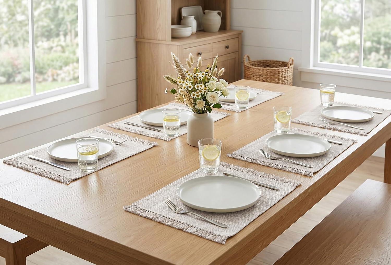 image:imagePurpleEssences Chambray Placemats with Fringes 100 Cotton Set of 4 13x19 Inch Thick Durable Table Mats for Dining Kitchen or Casual Farmhouse Tabletop Dcor Olive GreenRoyal Linen and Hwhite
