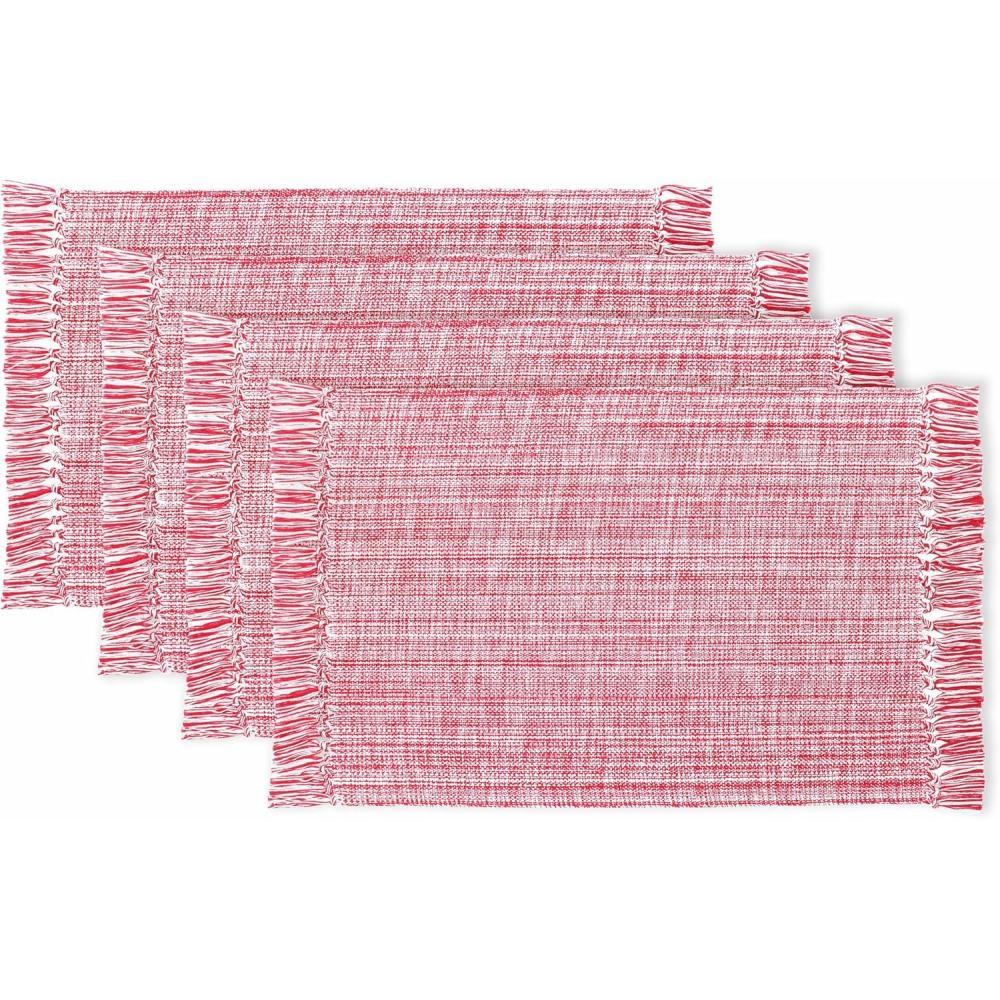image:imagePurpleEssences Chambray Placemats with Fringes 100 Cotton Set of 4 13x19 Inch Thick Durable Table Mats for Dining Kitchen or Casual Farmhouse Tabletop Dcor Olive GreenRed and Hwhite