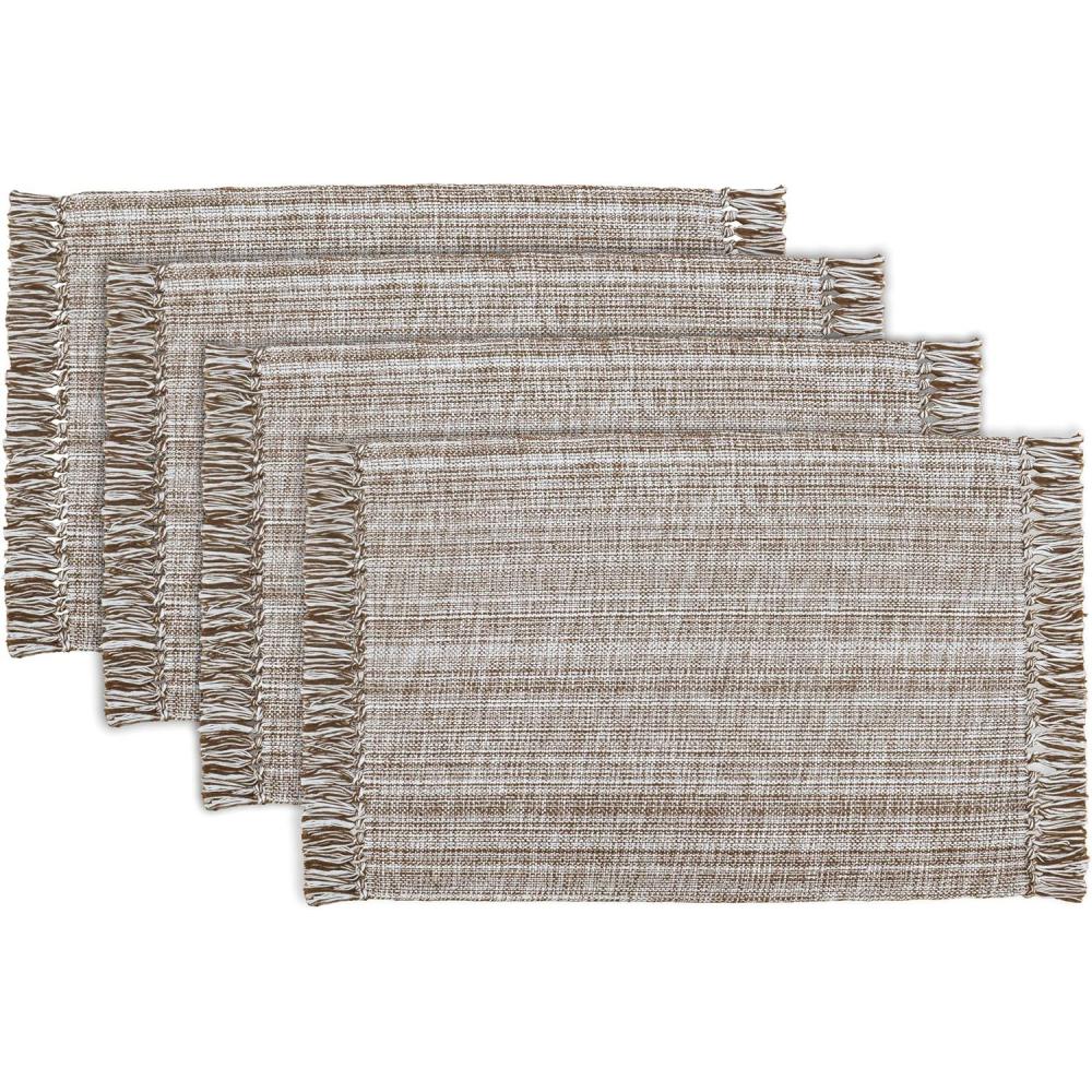 image:imagePurpleEssences Chambray Placemats with Fringes 100 Cotton Set of 4 13x19 Inch Thick Durable Table Mats for Dining Kitchen or Casual Farmhouse Tabletop Dcor Olive GreenNut Brown and Hwhite