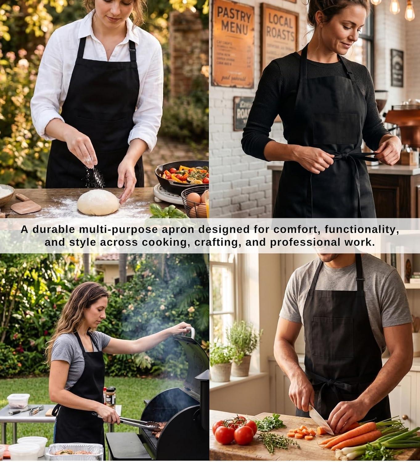 image:imagePurpleEssences 2 Pack Adjustable Kitchen Aprons with 2 Pockets 27x32 Inches Cotton Home or Restaurant for Men amp Women Soft Durable Black