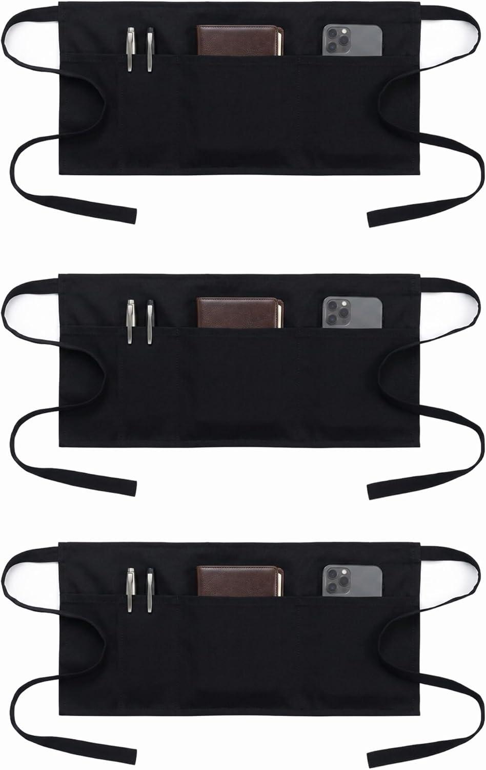 image:imagePurpleEssences Waist Aprons with 3 Pockets Durable Short Apron with Long Straps for Waiters amp Waitresses 235x115 InchBlack